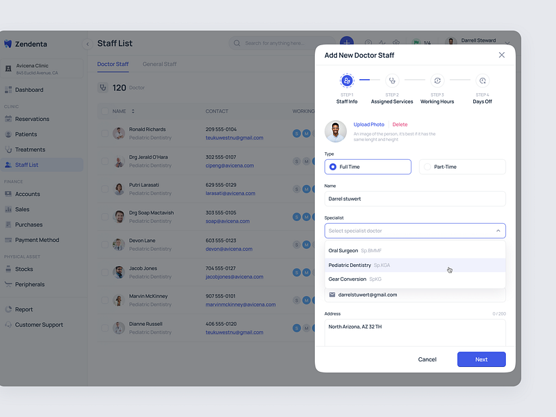 Zendenta - Add New Doctor Staff - Staff Info add new doctor dental clinic management product design saas staff info ui ux web app web design