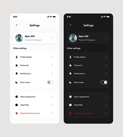 Settings page (Mobile app) dark mode interface mobile mobile app settings ui ui design user ux