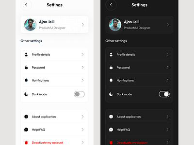 Settings page (Mobile app) dark mode interface mobile mobile app settings ui ui design user ux