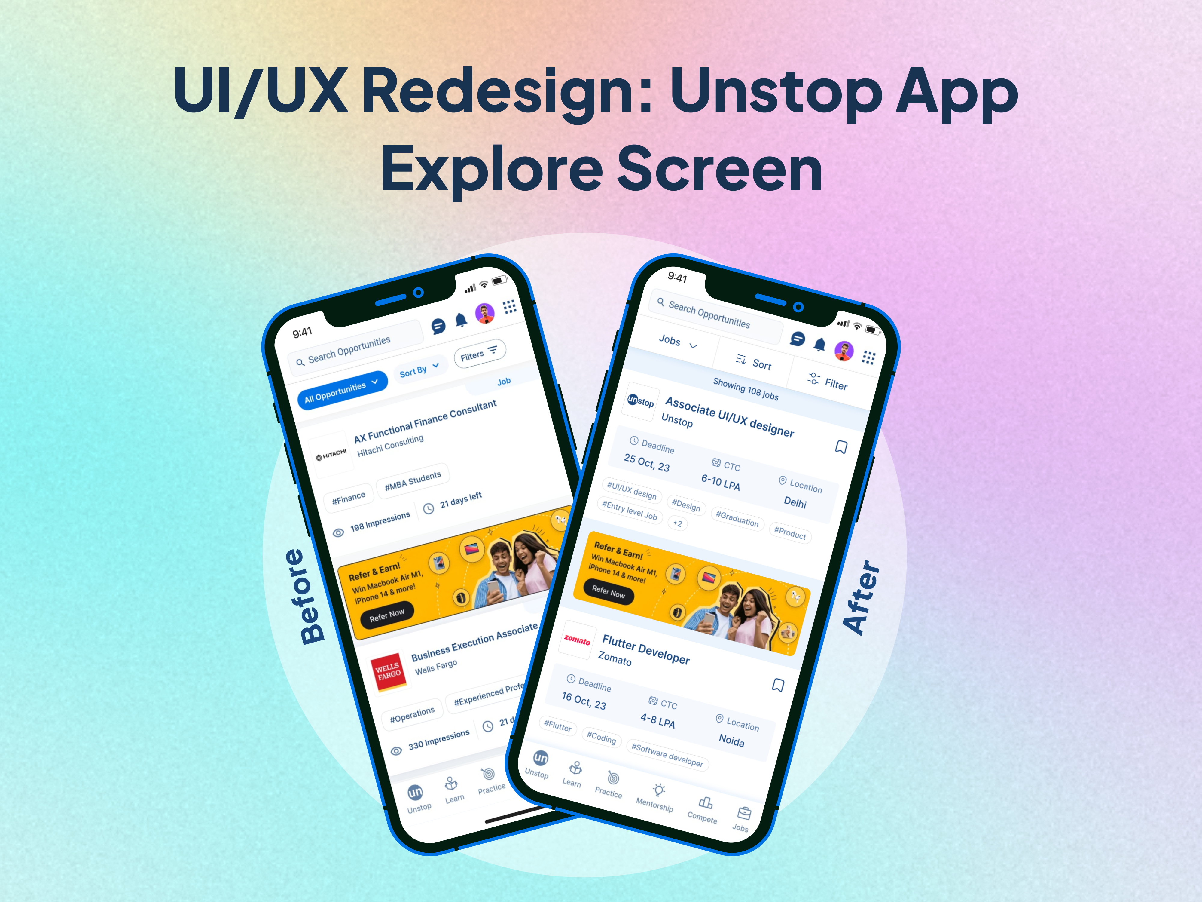 UI/UX Redesign: Unstop App Explore Screen adobe xd app design app home screen app redesign blue theme case study ed tech app figma job search app mobile app design mobile ui mobile ux modern app ui design unstop app ux design