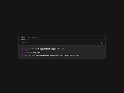 Package Installer ✨ Dark Mode code code editor code editor dark codesnippets dark dark design dark mode design installer npm package pnpm product design snippets terminal ui ui design ux visual studio yarn