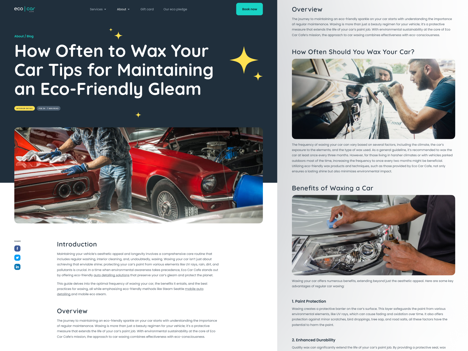 Website for eco-friendly auto care & detailing article auto care autocar blog car service detailing drive eco eco friendly exterior faq landing page modern plan sapienix vehicle wax web website