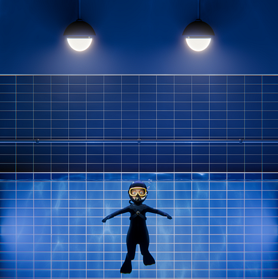 Starting frame of my "POOL" animation 3d animation aqua blender3d blue breathing bubbles building diver fascility lights mask pool render room scene short tiles underwater water