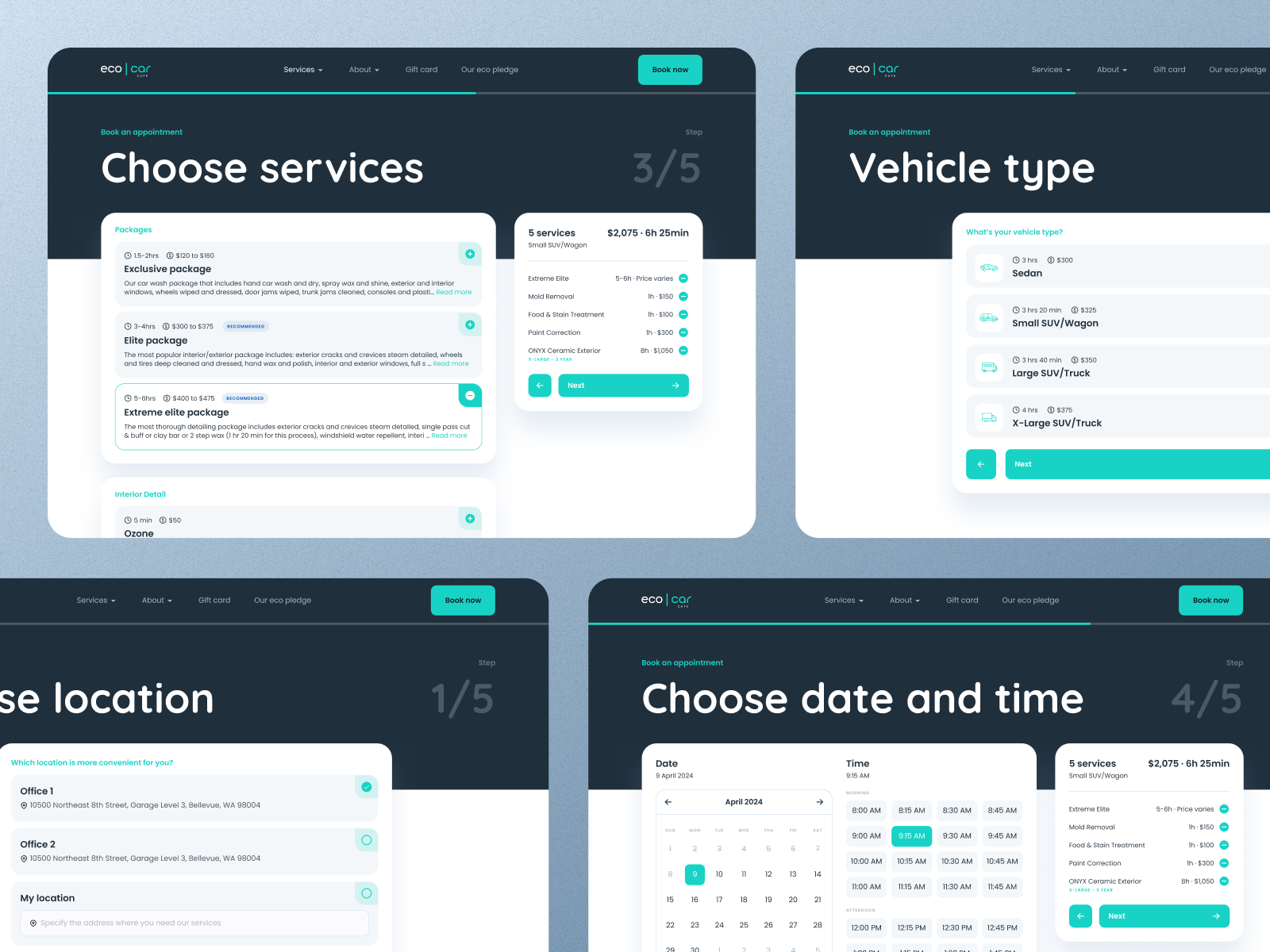Book auto care & detailing services auto auto care book services booking car service choose date design drive location sapienix sedan time truck ui ux vehicle wagon web website design