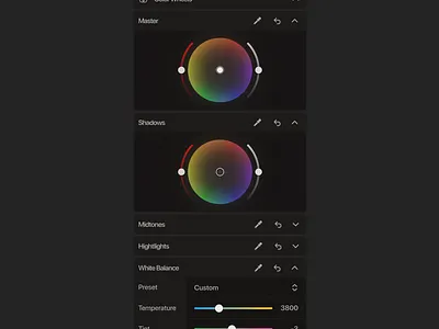 Video Editor Panel - Color Wheels app application color color panel color wheels design desktop dropdown slider software ui uidesign uiux uxdesign video video editor white balance