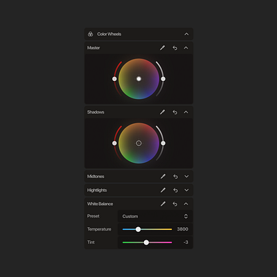 Video Editor Panel - Color Wheels app application color color panel color wheels design desktop dropdown slider software ui uidesign uiux uxdesign video video editor white balance