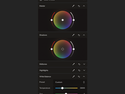 Video Editor Panel - Color Wheels app application color color panel color wheels design desktop dropdown slider software ui uidesign uiux uxdesign video video editor white balance