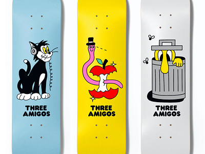 Three Amigos Skateboard graphics brand identity branding cartoon cat character character design digital art graphic design illustration logo design london photoshop procreate skateboard skateboarding