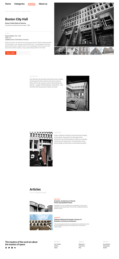 Website about architecture architecture articles boston city hall design figma tickets ui web page