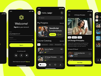 🎓 NexLearn: IT Courses Mobile App UX/UI Design acid green application black courses dark mode dashboard e learning education green it courses learn login mobile app navbar product design teacher ux design ux ui ux ui designer yellow