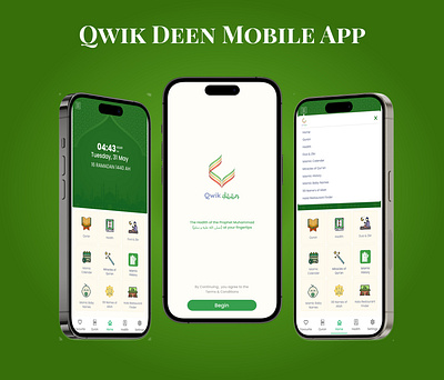 Qwik Deen: An Islamic Mobile App Design 99 names of allah allah calender green hadith hala restaurant historyofislam islamic islamic baby name islamicdesign muslim quran splash screen