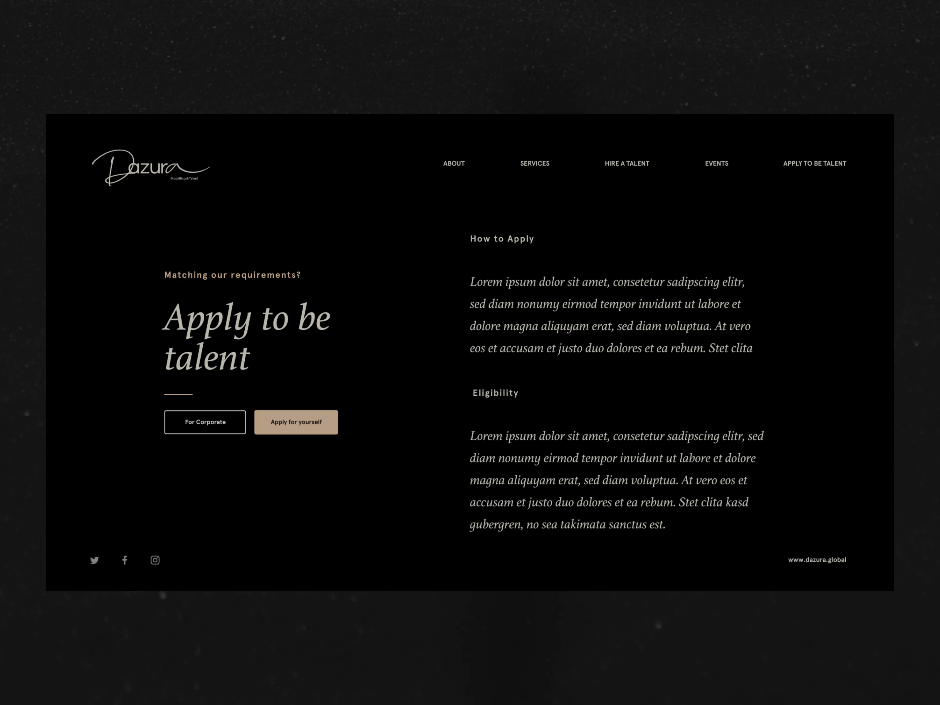 Dazura - Apply to be talent 3d animation animation website apply talent branding design fashion fashion website graphic design hunt illustration logo minimal model hire model hunt motion graphics talent search typography ui ui design