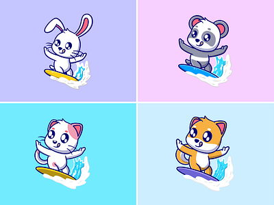 Surfing animal adorable animal beach branding bunny cat chibi cute design holidays illustration kawaii logo mascot panda pet puppy sea summer surfing