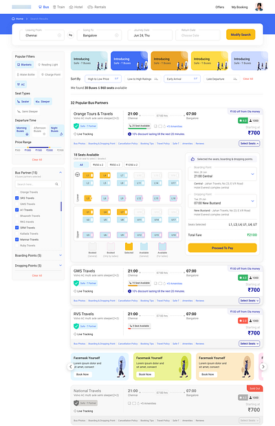 SERP of Bus Booking Application booking flow bus application case study clean design filter view minimal research results page search page serp ui ux web application