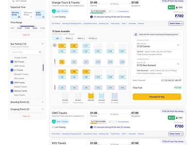 SERP of Bus Booking Application booking flow bus application card view case study clean color design filter view graphic design ios minimal research results page search page serp typography ui ux web app web application