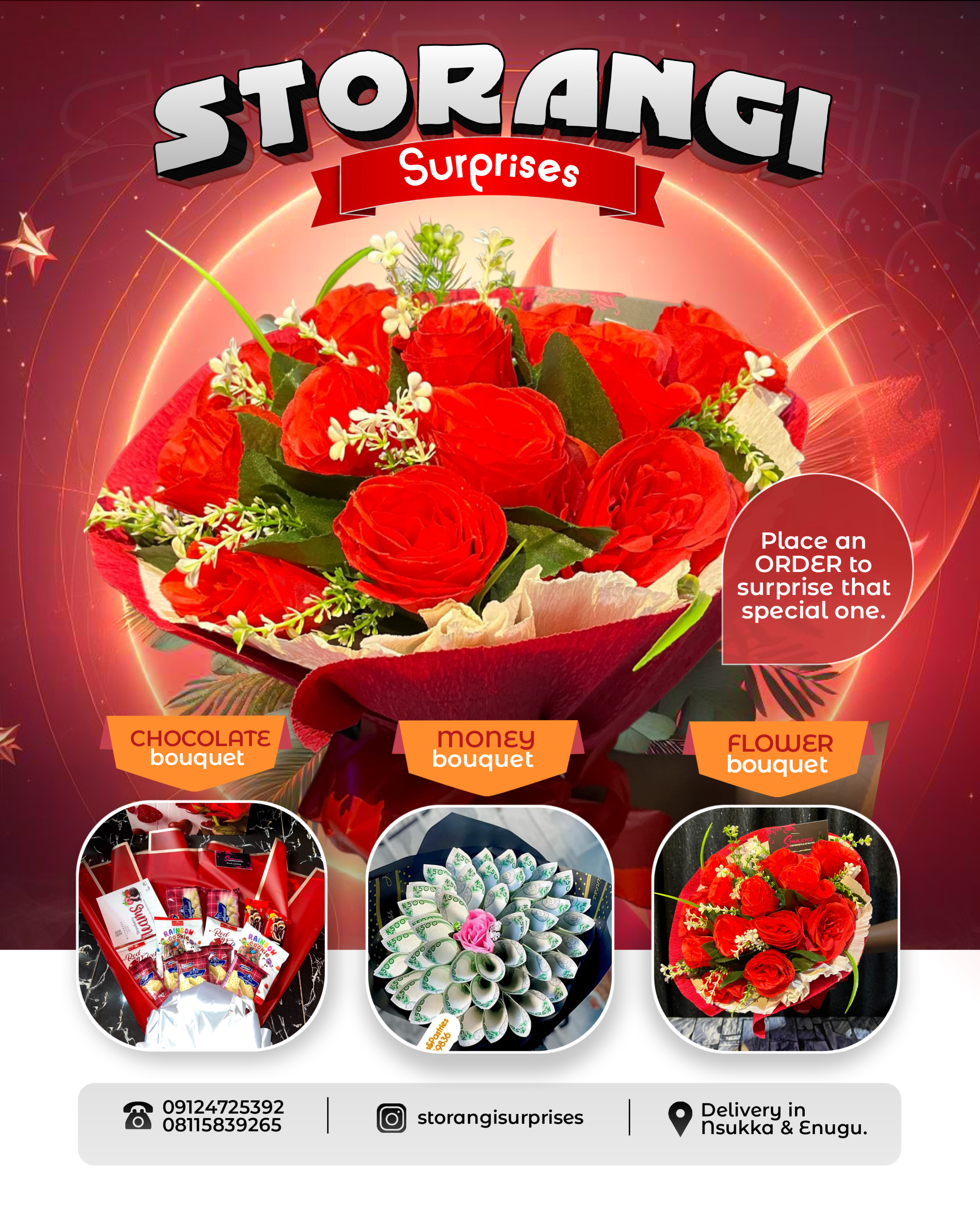 A marketing flier for Storangi Surprises. 3d advertisement advertising bouquet branding design flier flier design flower bouquet flyer flyer design graphic design marketing money bouquet roses surprises typography