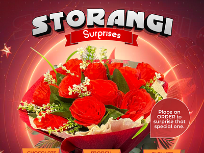 A marketing flier for Storangi Surprises. 3d advertisement advertising bouquet branding design flier flier design flower bouquet flyer flyer design graphic design marketing money bouquet roses surprises typography