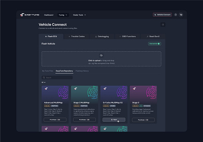 EasyTune - Vehicle Custom Tuning Platform app design auto platform automotive saas car platform dark mode mechanical ui design product design saas design technical saas ui design web app design