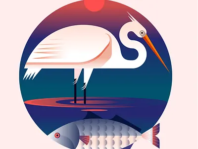 Fishing circle crane drawing fish fishing geometric geometric illustration illustration minimal purple retro river round sea sun