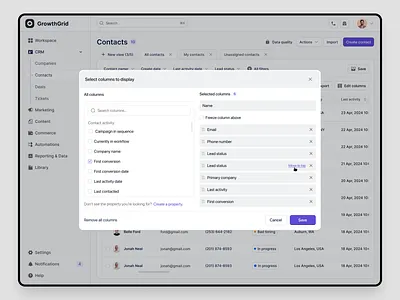 Contact Service Dashboard - Edit column widget dashboard edit column management modal popup saas service ui ux widget