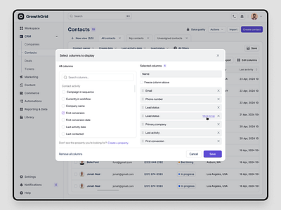 Contact Service Dashboard - Edit column widget dashboard edit column management modal popup saas service ui ux widget