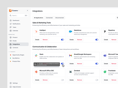 Integrations Page - CRM Dashboard clean crm crm dashboard design erp integrations integrations settings manage integrations manage tools minimalist product design saas saas dashboard sales dashboard settings page tools ui ux web app workflows