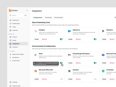 Integrations Page - CRM Dashboard clean crm crm dashboard design erp integrations integrations settings manage integrations manage tools minimalist product design saas saas dashboard sales dashboard settings page tools ui ux web app workflows