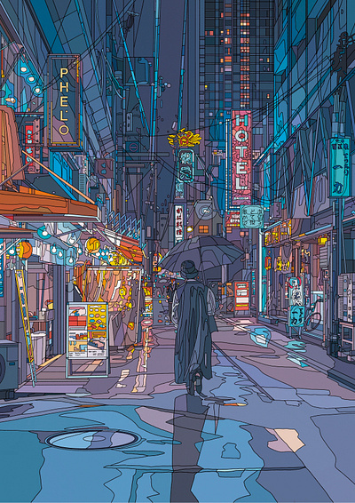 ORANGE STREET architecture art digital illustration neon night orange painting rain street