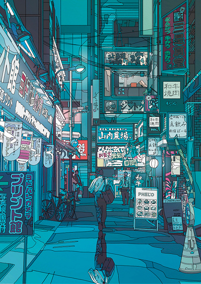 LIGHT STREET architecture art digital illustration japan light neon night painting street