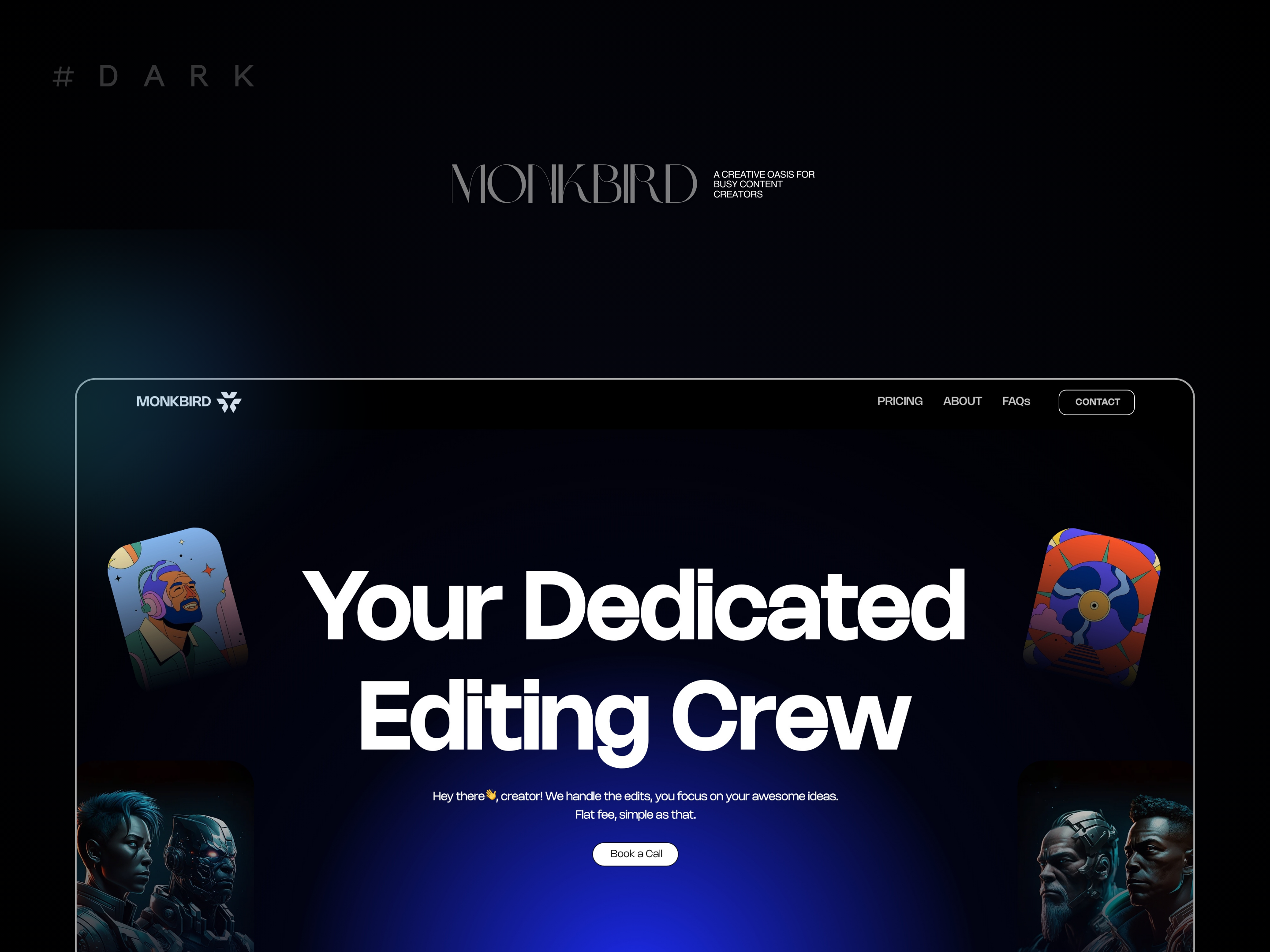 Creative Video Agency Hero Design: Monkbird agency landing page branding creatibe landing page creative agency dark hero dark landing page dark theme framer design gradient hero gradient landing page graphic design hero motion graphics ui uiux design video agency video editing agency web design webflow design website design