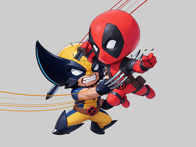 Deadpool VS. Wolverine Fanart 3d cartoon claw cute deadpool fanart fighting illustration marvel mascot movie pastel rendering sword wolverine