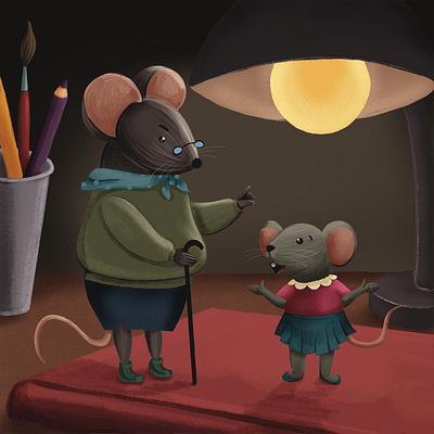 illustration grandma mouse is angry with little mouse art cartoon digital art drawing illustration painting procreate