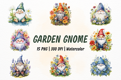 Garden Gnome Watercolor Clipart clipart garden gardengnome gnome graphic design grass illustration nature plant sublimation watercolor