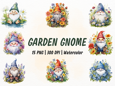 Garden Gnome Watercolor Clipart clipart garden gardengnome gnome graphic design grass illustration nature plant sublimation watercolor
