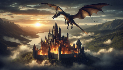 Dragon burning castle 3d burning castle castle burning cinematic dragon illustration sunset