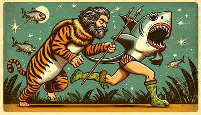 Stone age hunting 2d digital art fish hunting jungle night old shark space stone age tiger vintage