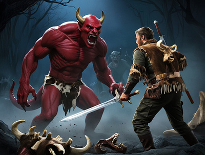 Red demon 2d angry demon digital hunting illustration jungle red skull sword vintage