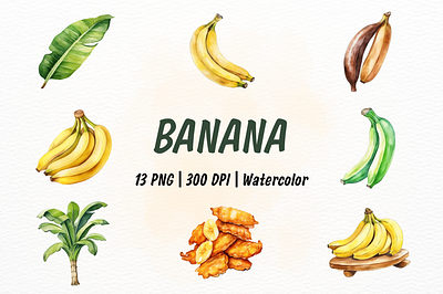 Watercolor Banana Fruit Clipart banana clipart food fruit graphic design illustration plant sublimation sweet tree watercolor yellow