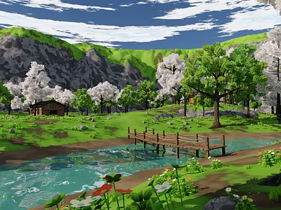 River Mountain Scene 3D model 3d 3dmodel art blender3d bridge cave environment exterior flower forest grass house landscape mountain plant render river rock tree warehouse