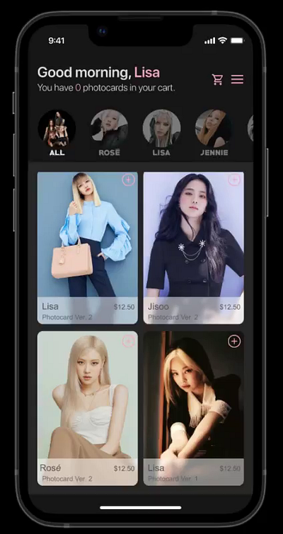 Blackpink Photocard E-commerce App app blackpink dailyui design ecommerce jennie jisoo lisa mobile photocard rose ui