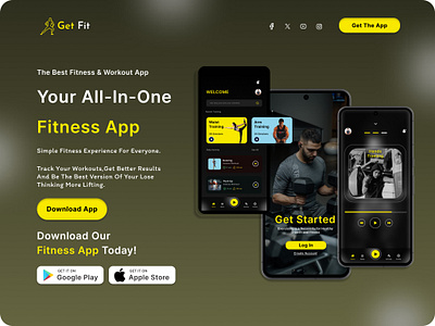 Get Fit Fitness App Landing Page advertising brand identity branding de design designer figma fitness app graphic design illustration landing page logo mockup photoshop ui web design website design