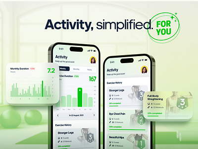 Recovit - Fitness Mobile App: Activity Page 3d activity app branding concept exercise figma fitness flat graphic design green health ios mobile mobile app mockup product design recovit ui uiux