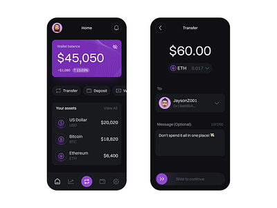 Crypto Wallet crypto crypto wallet cryptocurrency dark mode fintech minimal mobile mobile app modern wallet web3