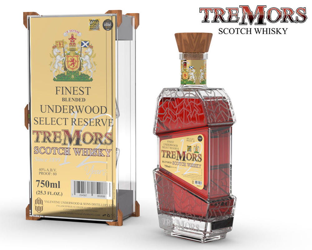 Tremors Scotch Whiskey - 12 Years 3d 3d modeling bottle design brand design brand identity branding liquor packaging packaging packaging design product design whiskey whisky