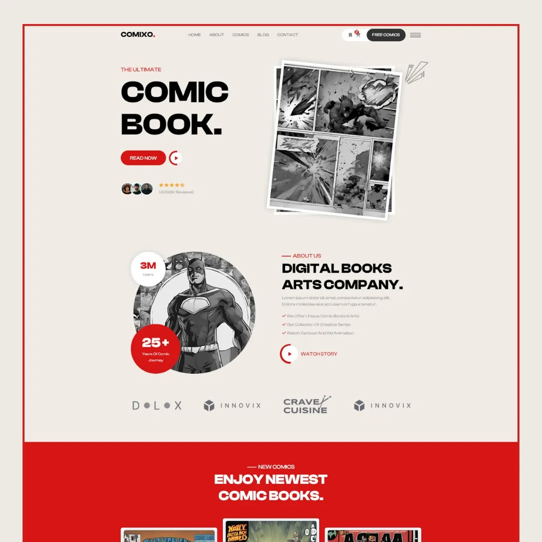 Comixo - Comic Books & Arts Studio HTML5 Template animation anime cartoonist comic artists comic books comic landing page comic studios comic web comic web design creative studio envato envatomarket html landing page manga one page themeforest ui ux web design