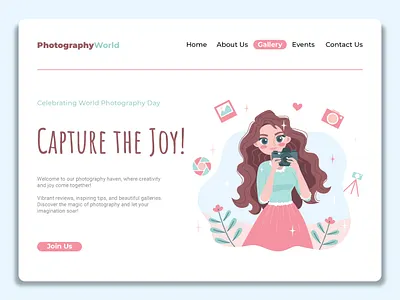 Photography Platform Landing Page camera cartoon character design feminine design flat flat design girl girl illustration girly graphic design illustration illustrator landing page pastel photographer photography ui uiux website