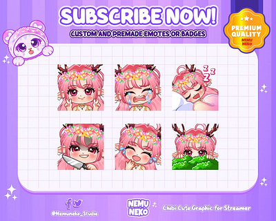 🩷Custom Chibi Girl Emotes by Nemuneko Studio🩷 animation branding chibi emotes custom design cute emotes design emotes design graphic design illustration open commission twitch emotes