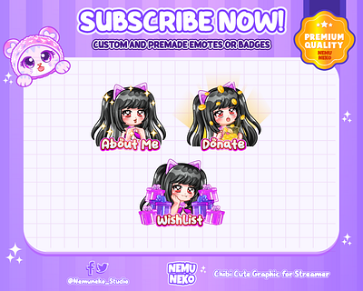 💜Custom Chibi Girl Panel by Nemuneko Studio💜 animation branding chibi emotes custom design cute emotes design graphic design illustration panel streamer twitch emotes