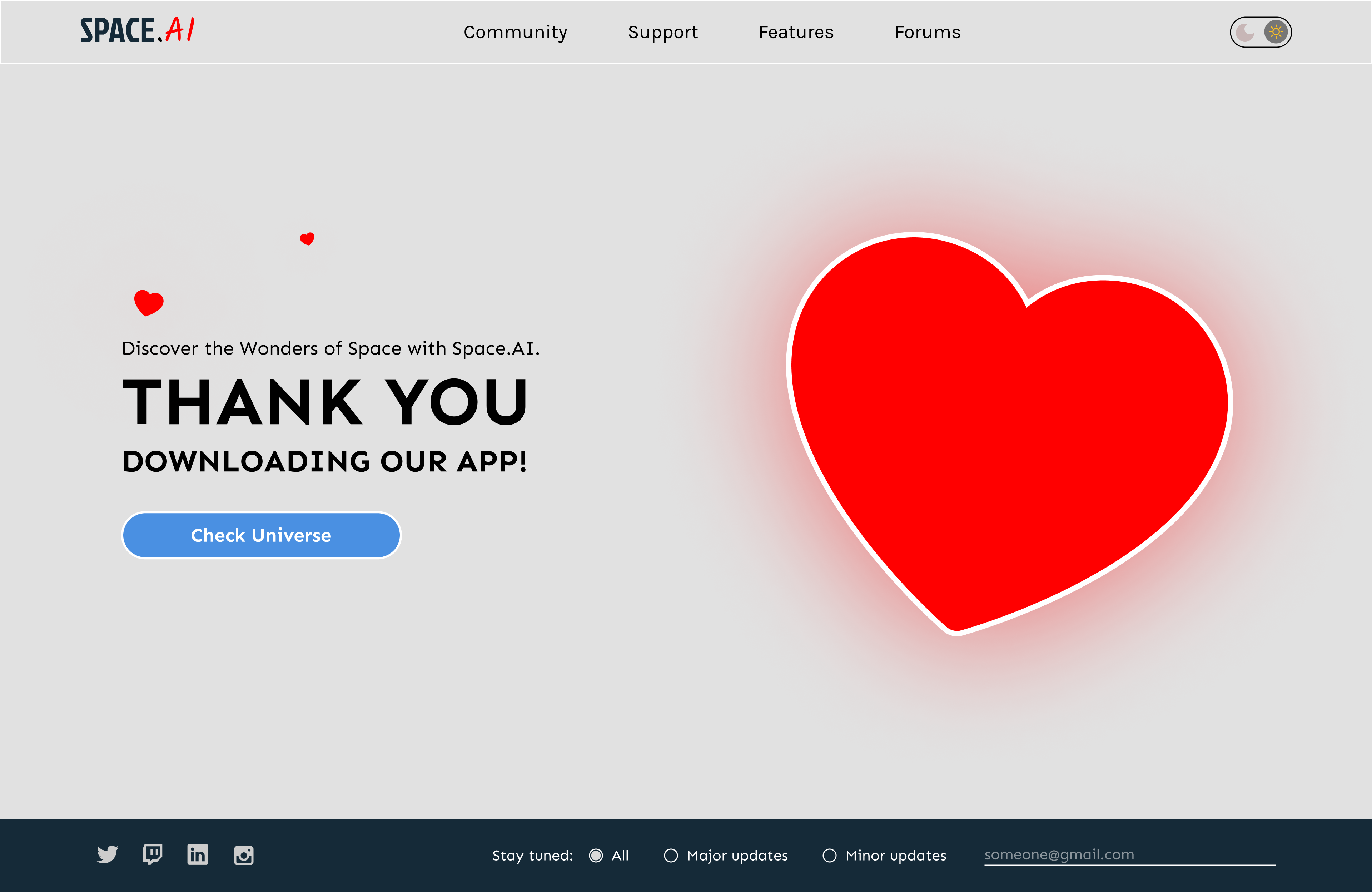Space.AI Thank You Page – Designed for Engagement and Gratitude animation appdesign applandingpage branding dailyui design designinspiration figma graphic design landingpage logo ui uidesign webdesign website websitedesign