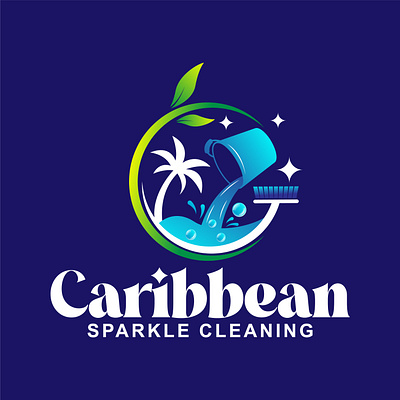 Caribbean Cleaning Logo beach logo bucket logo caribbean caribbean clean logo cleaning logo eco logo fresh cleaning ocean logo palm tree sea cleaning water splash logo
